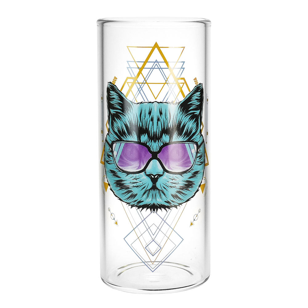Pulsar Sacred Cat Gravity Bong, 11.5" tall, front view with cool cat design on clear borosilicate glass