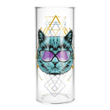 Pulsar Sacred Cat Gravity Bong, 11.5" tall, front view with cool cat design on clear borosilicate glass