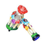 Pulsar Shroom Forest Bubbler Pipe, 8-inch, 19mm Female Joint, Angled View with Colorful Mushroom Design