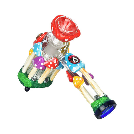 Pulsar Shroom Forest Bubbler Pipe, 8-inch, 19mm Female Joint, Angled View with Colorful Mushroom Design