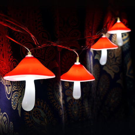 Pulsar Shrooming LED String Light Set, 12ft with vibrant red mushroom caps and white stems, home decor