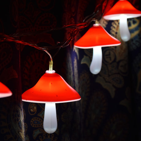 Pulsar Shrooming LED String Lights, 12ft, with red mushroom caps glowing against a dark backdrop
