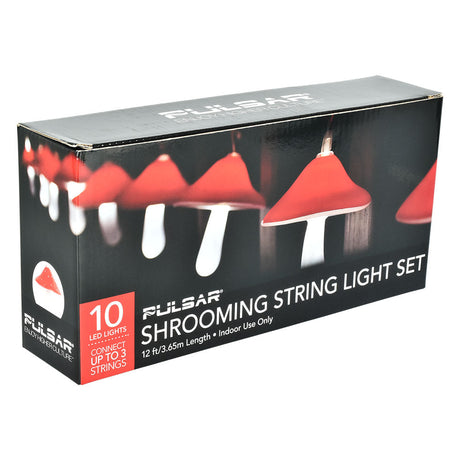 Pulsar Shrooming LED String Light Set packaging, 12ft with 10 red and white mushroom lights