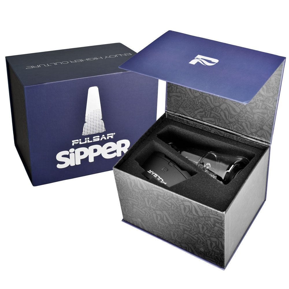 Pulsar Sipper Vaporizer with 1500mAh battery, dual use for concentrates or 510 cartridges, displayed in box