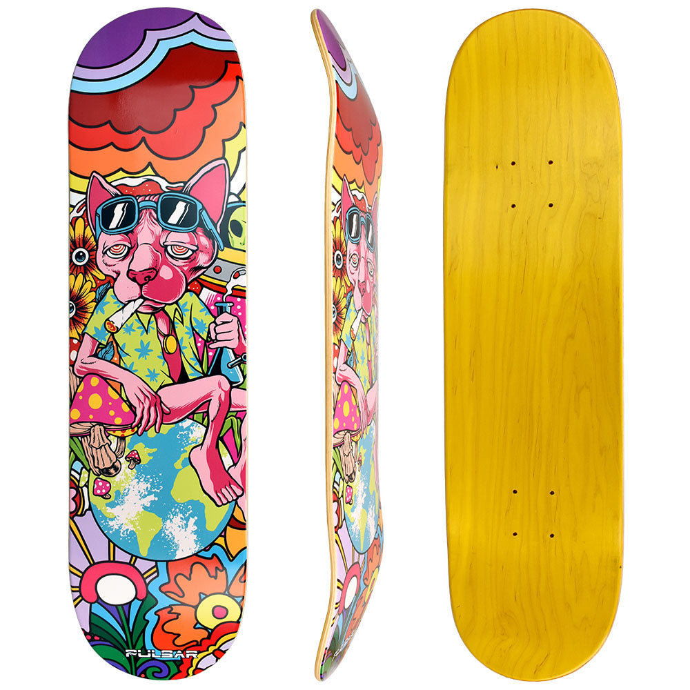 Pulsar SK8 Deck Chill Cat Grinder, 31" x 7.75", vibrant artwork, front and side view