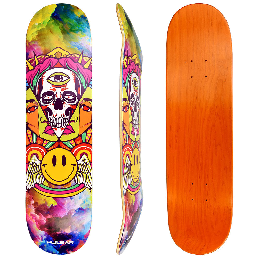 Pulsar SK8 Deck Trippin' design, 31" x 7.75", vibrant multi-color with skull art, front and back view