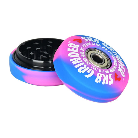 Pulsar SK8 Grinder open view showing 3-piece design and swirl colors on white background