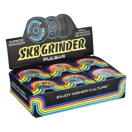 Pulsar SK8 Grinder, 3-piece compact metal grinder with skate wheel design, displayed in box