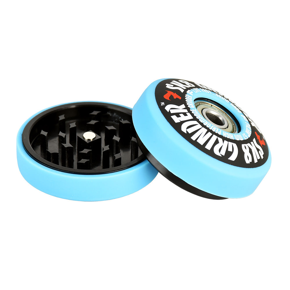 Pulsar SK8 Grinder in blue with skate wheel design, compact 2.2" diameter, ideal for travel