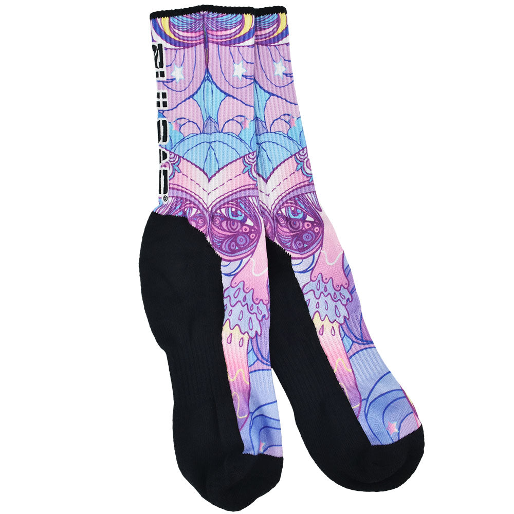 Pulsar Melting Shrooms Socks with psychedelic mushroom design, front view on white background