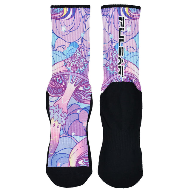 Pulsar Melting Shrooms Socks with vibrant psychedelic mushroom design, front view on white background