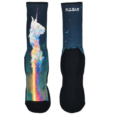 Pulsar Unicorn Liftoff Socks featuring vibrant rocket design on a black background, front and back view