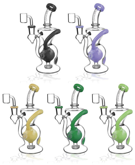 Assorted Pulsar Solid Ball Recycler Rigs in various colors with a front view, featuring a 14mm female joint and intricate glasswork