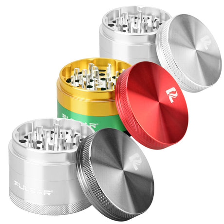 Assorted colors of Pulsar Solid Top Aluminum Grinders, 4pc, angled top view showing texture