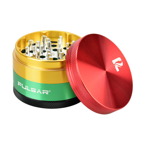 Pulsar Solid Top Aluminum Grinder, 4pc, multicolor with sharp teeth, side view