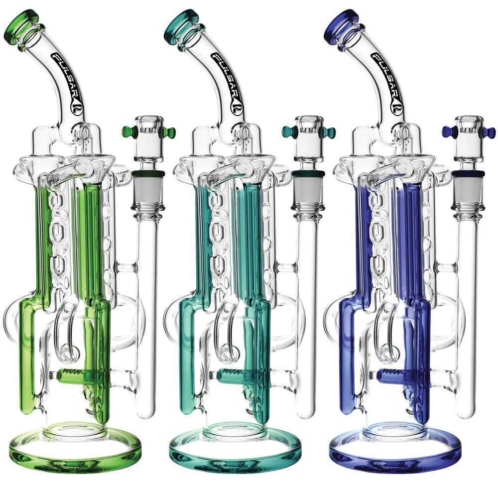 Pulsar Space Station Recycler Water Pipes in green, teal, and blue borosilicate glass, angled view
