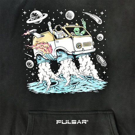 Pulsar Space Van Hoodie featuring cosmic print on black cotton, front view