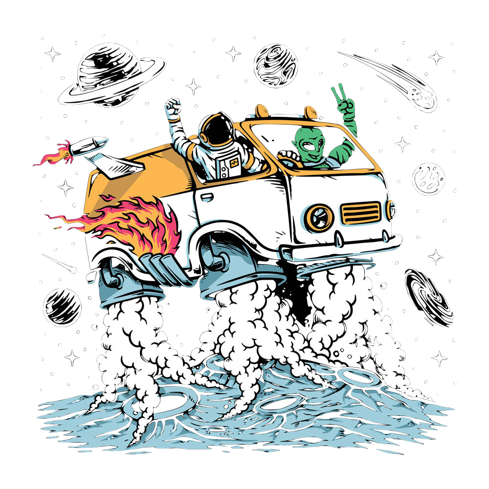 Pulsar Space Van Hoodie design featuring an astronaut and alien in a van among planets