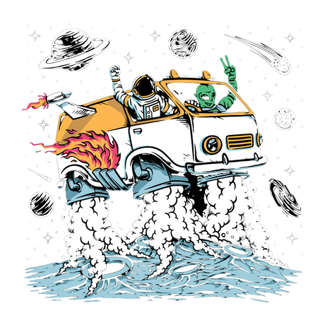 Pulsar Space Van Hoodie design featuring an astronaut and alien in a van among planets