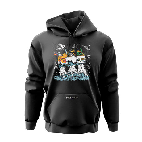 Pulsar Space Van Hoodie in black, featuring a cosmic design, front view on a white background