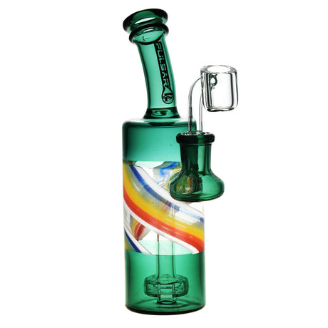 Pulsar Spiral Bottle Dab Rig in green with disc percolator and quartz banger, front view on white background