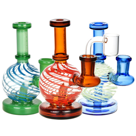 Pulsar Spiral-Wrapped Ball Mini Rigs in various colors with quartz bangers, front view