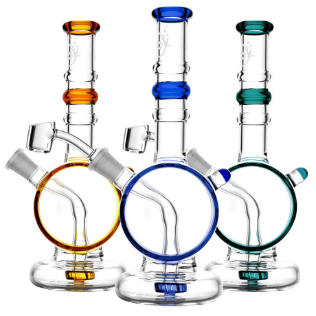Pulsar Spy Glass Oil Rigs in assorted colors with 14mm F bangers, front view on white background