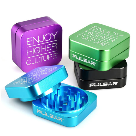 Pulsar Square Grinders in purple, green, and blue, compact 2.2" aluminum with sharp teeth, top view
