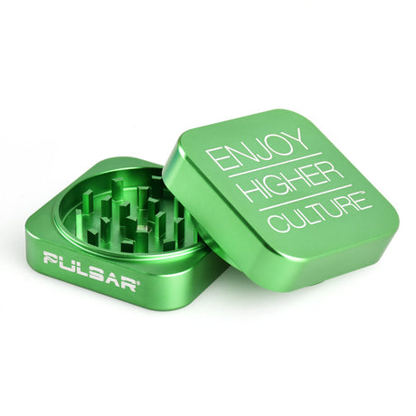 Pulsar Square Grinder in green, 2.2" aluminum with 'ENJOY HIGHER CULTURE' slogan, open view