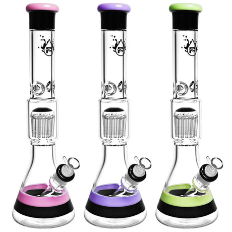 Pulsar Stack Jellyfish Perc Water Pipes in pink, purple, and green accents, 17" tall, beaker design, for dry herbs