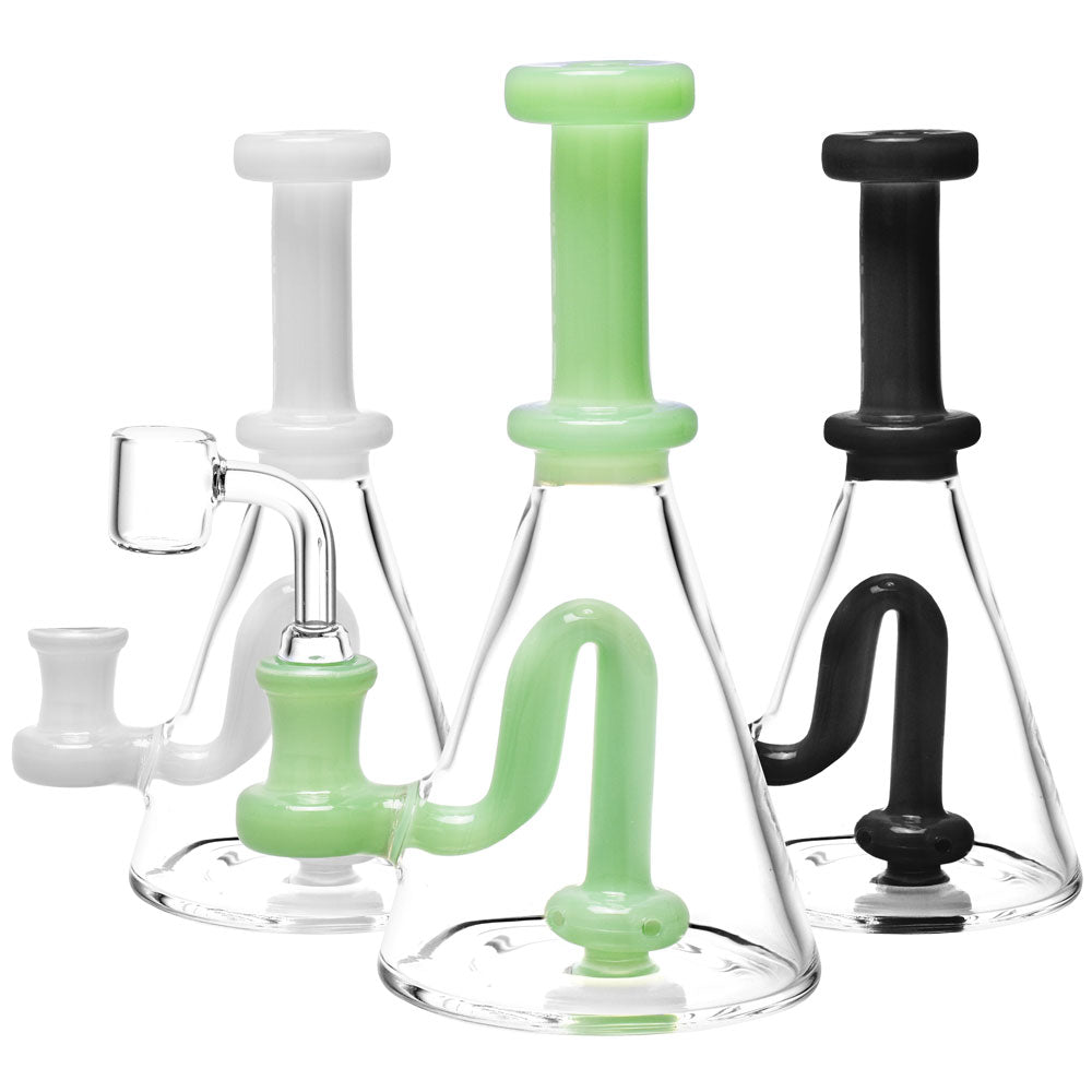 Pulsar U-Bend Perc Rigs in white, green, and black, compact design with disc percolator, front view