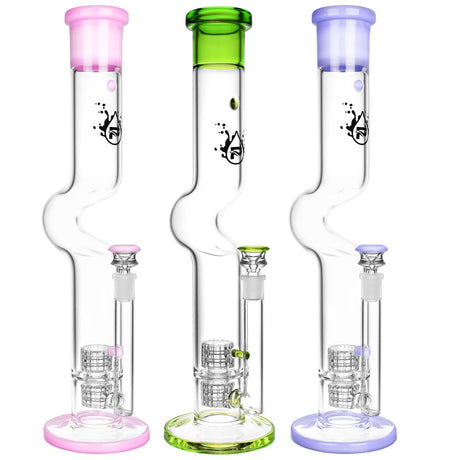Pulsar Swerve U-Bend Neck Water Pipes in pink, green, and blue with heavy wall borosilicate glass