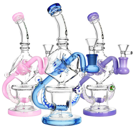 Pulsar Tesseract Water Pipes in Pink, Blue, and Purple - Borosilicate Glass - Front View