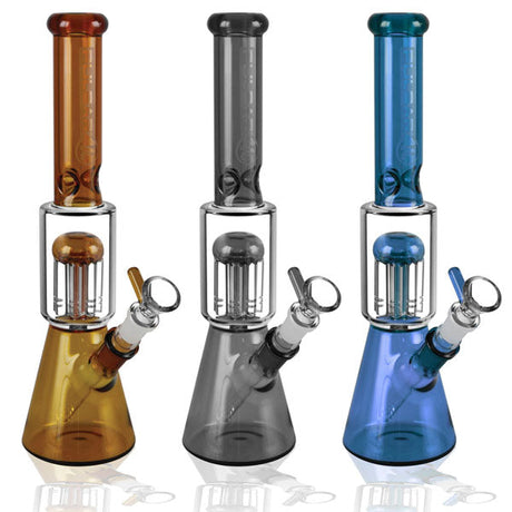 Pulsar Tree Perc Beaker Waterpipes in assorted colors with borosilicate glass, front view
