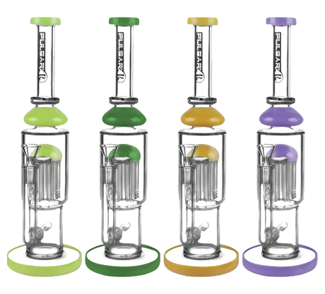 Pulsar Tree Perc Water Pipes in assorted colors with clear straight design, 13" height, front view
