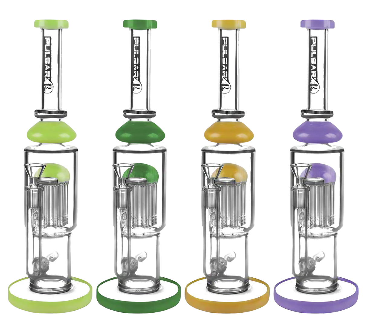 Assorted Pulsar Tree Perc Water Pipes with Colorful Bases and Mouthpieces, Front View