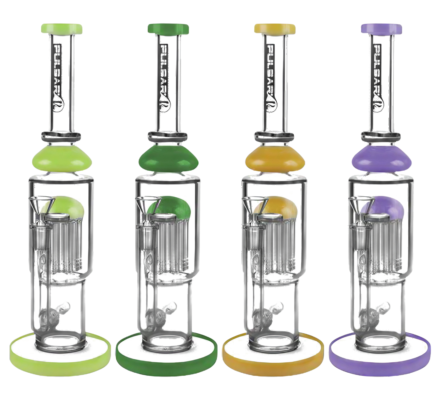 Assorted Pulsar Tree Perc Water Pipes with Colorful Bases and Mouthpieces, Front View