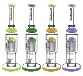 Assorted Pulsar Tree Perc Water Pipes with Colorful Bases and Mouthpieces, Front View