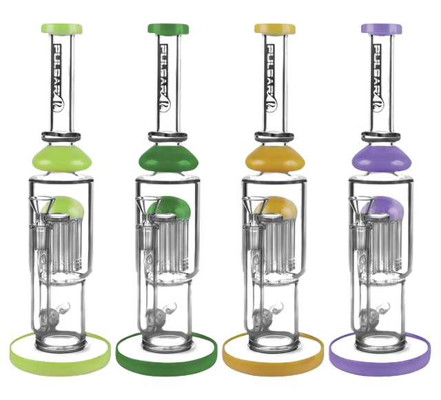 Assorted Pulsar Tree Perc Water Pipes with Colorful Bases and Mouthpieces, Front View