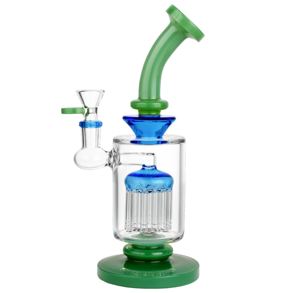 Pulsar Tree Perc Water Pipe with Baby Yoda theme, heavy wall glass, front view on white background