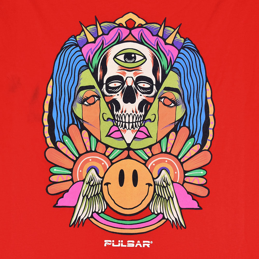 Pulsar Trippin Long Sleeve Shirt in Red with Psychedelic Print, Front View