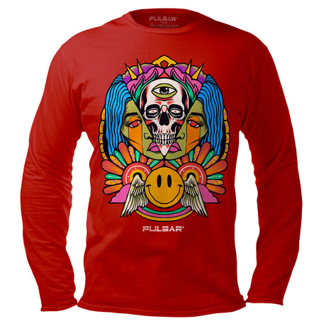 Pulsar Trippin Long Sleeve Shirt in Red with Vibrant Graphic Print - Front View