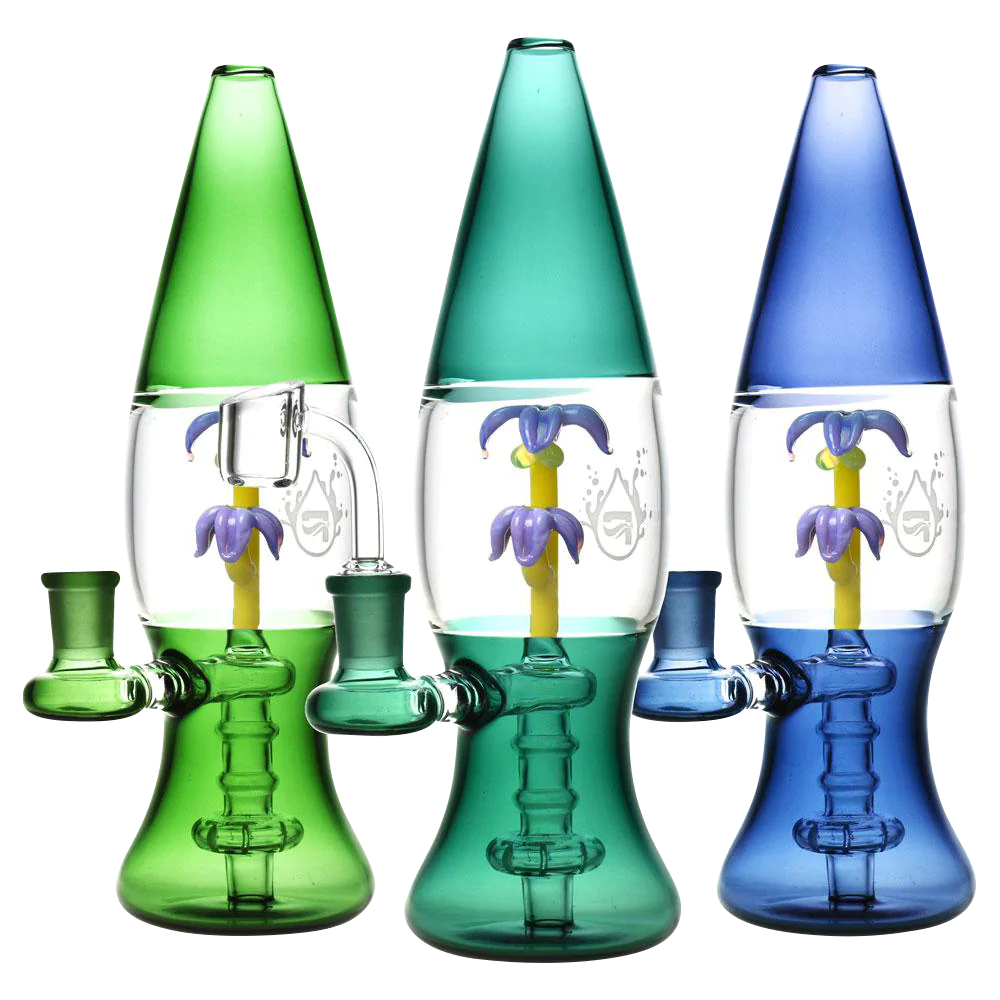 Pulsar Tropical Lava Lamp Rigs in green, teal, and blue with showerhead percs, front view