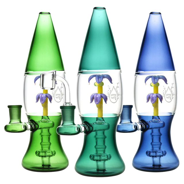 Pulsar Tropical Lava Lamp Rigs in green, teal, and blue with showerhead percs, front view
