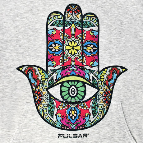 Pulsar Ultra Soft Gray Pullover Hoodie with Colorful Hamsa Hand Design, Front View