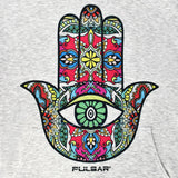 Pulsar Ultra Soft Gray Pullover Hoodie with Colorful Hamsa Hand Design, Front View