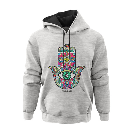 Pulsar Ultra Soft Pullover Hoodie in Gray featuring a colorful Hamsa Hand design, front view