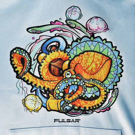 Close-up of Pulsar Psychedelic Octopus design on Ultra Soft Blue Pullover Hoodie