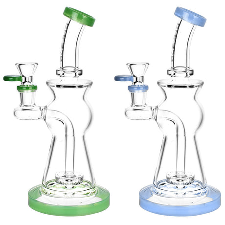 Pulsar Upscale Disc Perc Water Pipes with green and blue accents, front view on white background