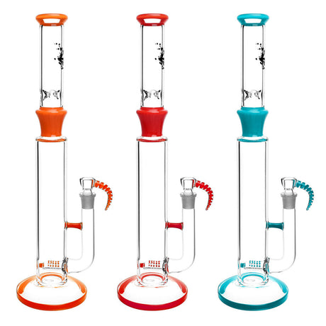 Pulsar Upscale Horn Bowl Water Pipes in assorted colors with a clear borosilicate glass body, front view.